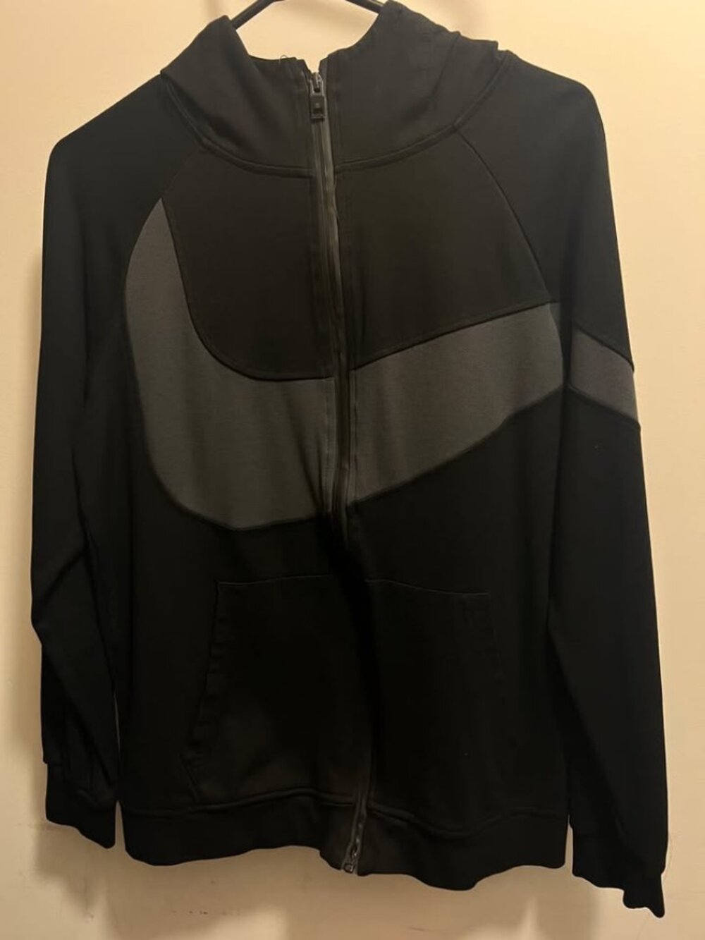 Black Full Zip Hooded Jacket L Grey Colour Block Athletic Hoodie